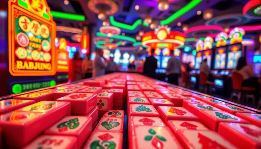 Permainan slot mahjong menarik dengan desain ubin berwarna cerah dalam suasana kasino yang meriah.