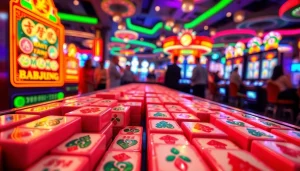 Permainan slot mahjong menarik dengan desain ubin berwarna cerah dalam suasana kasino yang meriah.