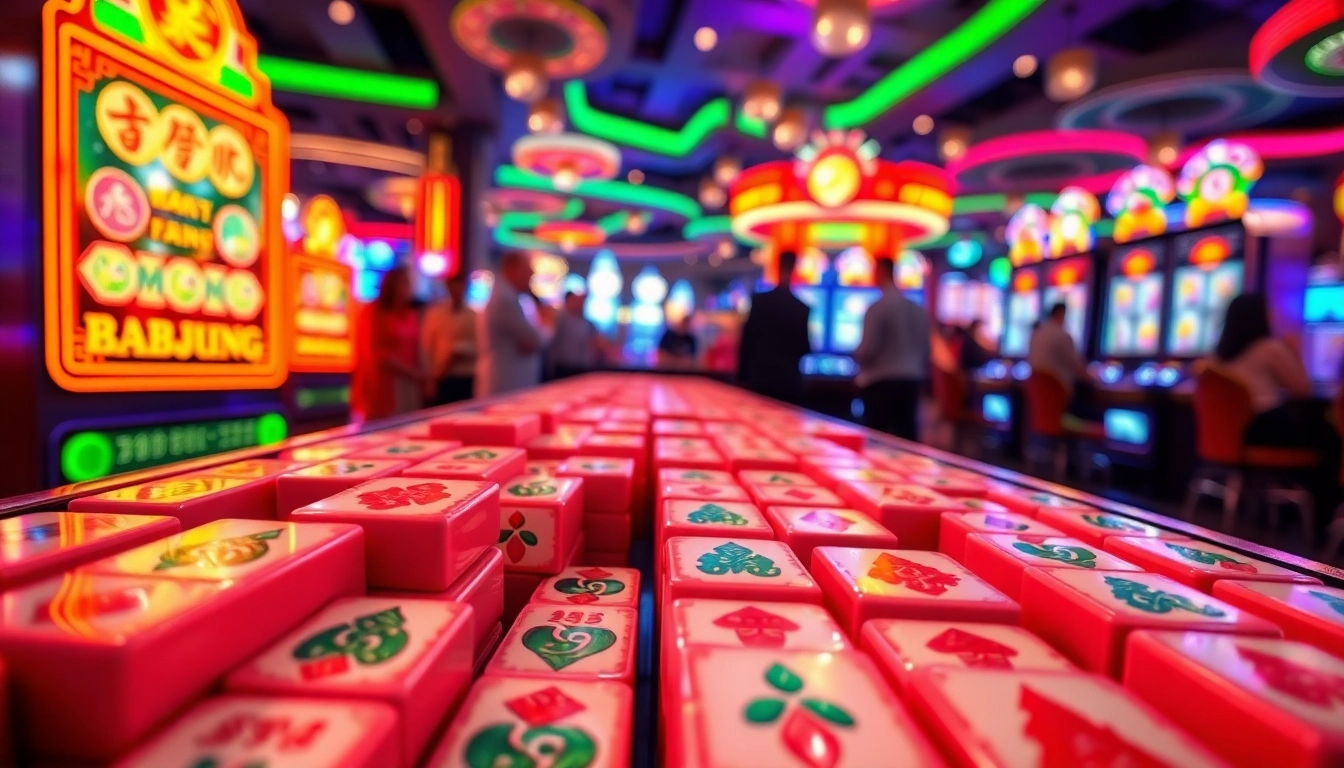 Permainan slot mahjong menarik dengan desain ubin berwarna cerah dalam suasana kasino yang meriah.