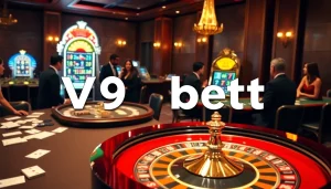 Action-packed gaming scene showcasing V9 bet at an elegant casino with roulette and poker games.