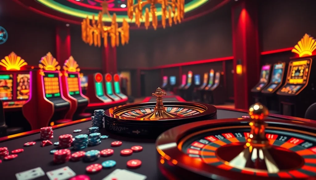 Gamblers enjoying the excitement of online betting at https://xx88.pizza/ featuring casino tables and vibrant slot machines.