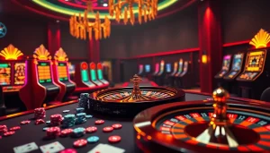 Gamblers enjoying the excitement of online betting at https://xx88.pizza/ featuring casino tables and vibrant slot machines.