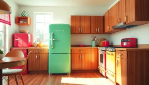 Showcase of retro appliances, featuring a colorful vintage refrigerator and stove in a sunny kitchen setting.