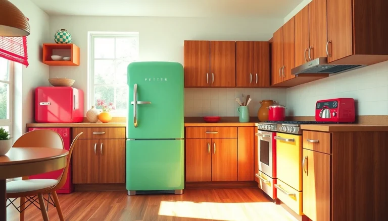 Showcase of retro appliances, featuring a colorful vintage refrigerator and stove in a sunny kitchen setting.