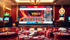 Engage in thrilling casino games at VN88 with vibrant slot machines and poker chips.