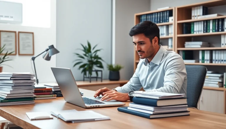 Expert tradutor juramentado working in a modern office with translation software.