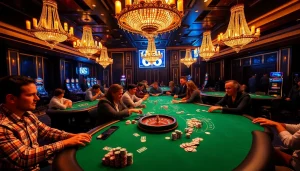 Experience the thrill of gambling at New 66’s luxurious poker tables with vibrant chips and cards.