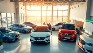 Chirie auto ieftin at a modern rental office in Chișinău with diverse vehicles on display.