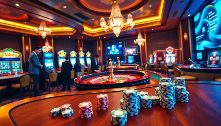 Players enjoying high-stakes gambling at https://babu88.global/ casino with roulette, slot machines, and poker.
