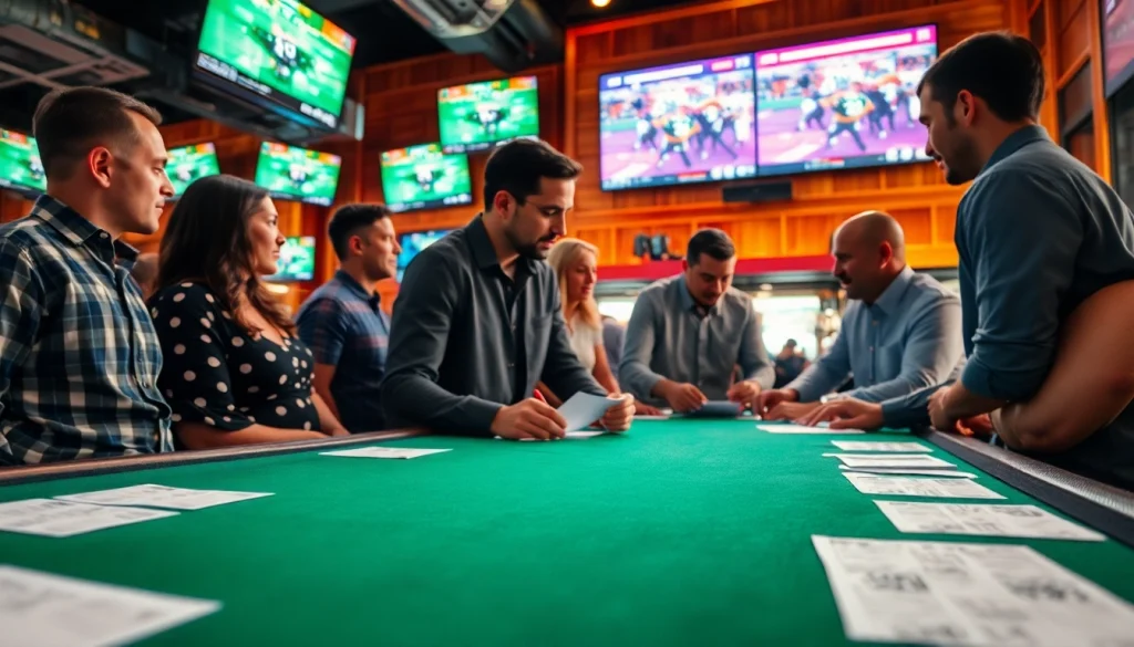 Enthusiastic players engaged in sports betting South Carolina at a lively sports bar setting.