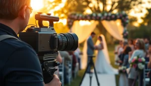 Videographer documenting a wedding ceremony outdoors, capturing the special moment.