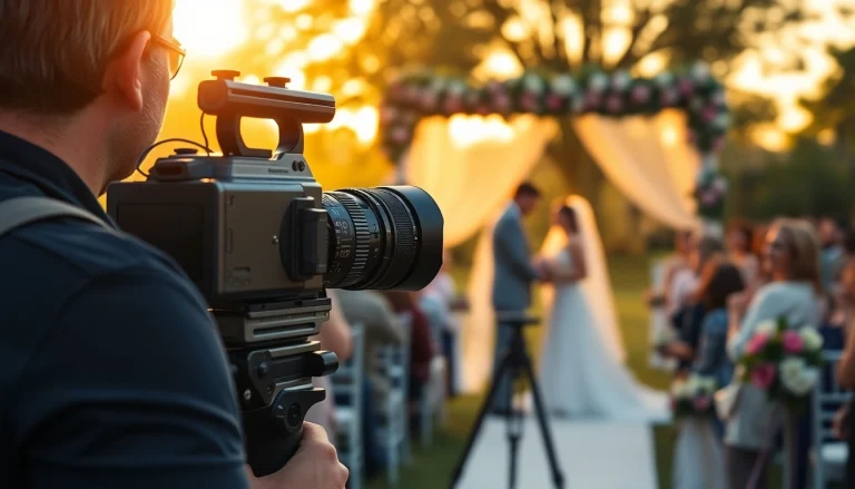 Videographer documenting a wedding ceremony outdoors, capturing the special moment.