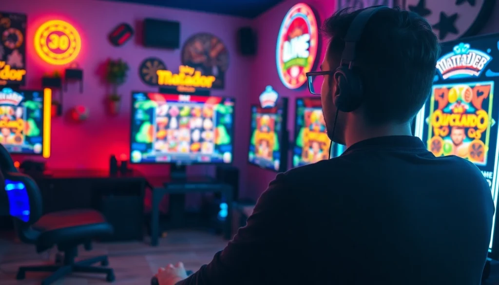 Menggoda pengalaman bermain matador168 slot dengan gamer terfokus dan layar permainan yang dinamis.