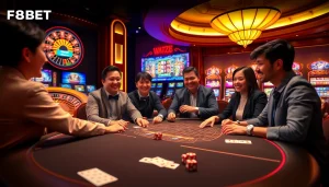Players enjoying excitement at the Nhà cái F8BET blackjack table in an opulent casino setting.