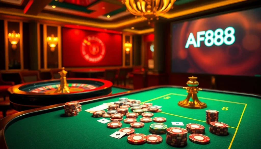 AF88 offers an exciting casino gaming scene with vibrant poker chips and a roulette wheel.