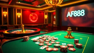 AF88 offers an exciting casino gaming scene with vibrant poker chips and a roulette wheel.