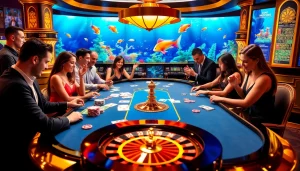 Gamblers enjoying bắn cá đổi thưởng at a vibrant casino table surrounded by colorful poker chips and cards.