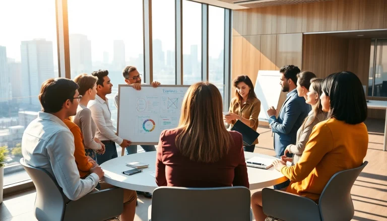 Participants actively engaging in a business coaching service session in a bright, modern office.