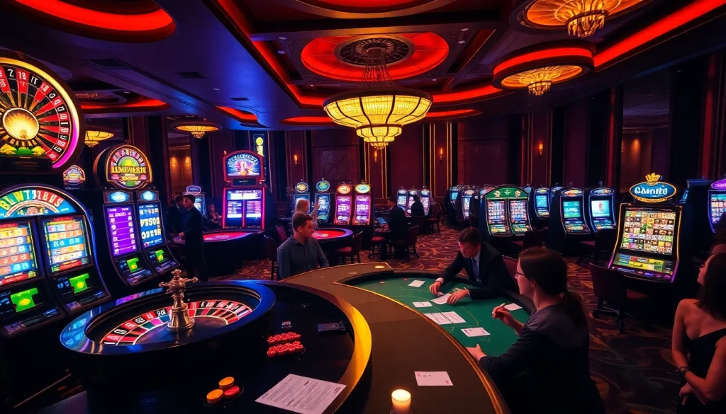 Play and win at SuperPH in a luxurious casino environment with vibrant games and excited players.