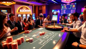 Experience the excitement of kkwin gaming with colorful chips and a bustling casino atmosphere.