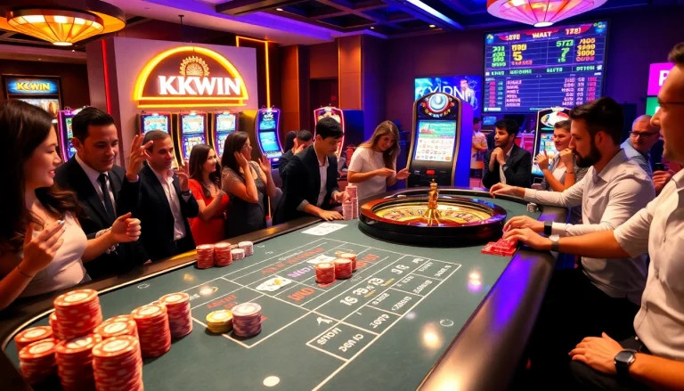 Experience the excitement of kkwin gaming with colorful chips and a bustling casino atmosphere.
