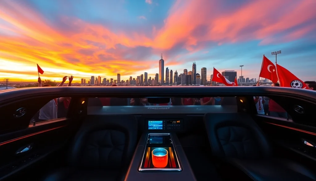 World Cup Group Transportation with luxury limousine at Los Angeles sunset, showcasing comfort and excitement.