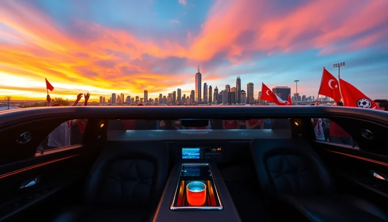 World Cup Group Transportation with luxury limousine at Los Angeles sunset, showcasing comfort and excitement.