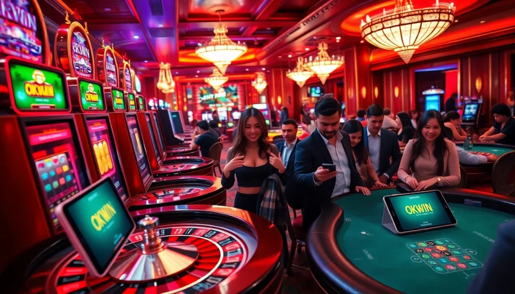 Engaging players utilize the okwin app at a vibrant casino scene, featuring slot machines and blackjack tables.