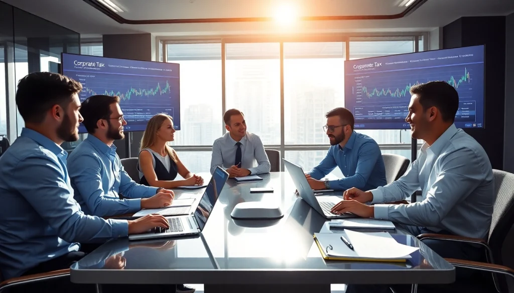 Corporate Tax Return Filing with a team of financial experts in a modern office.