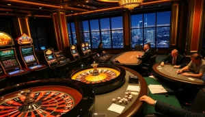 Experience thrilling casino action with 여기여 at a vibrant poker table amidst glimmering slot machines.