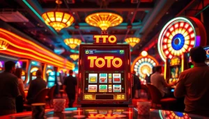 Pemain yang bersemangat di kasino glamor menikmati mesin Toto Slot.