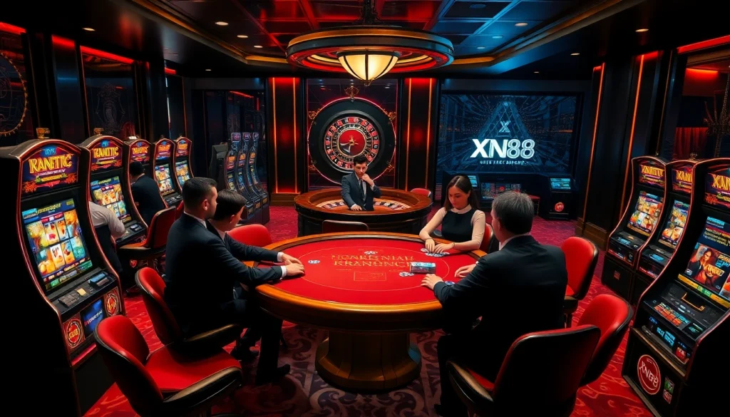 XN88 features a luxurious online casino atmosphere with poker tables and vibrant slot machines.