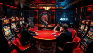 XN88 features a luxurious online casino atmosphere with poker tables and vibrant slot machines.