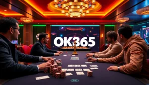Players enjoying a poker game at OK365 online casino with colorful chips and cards.