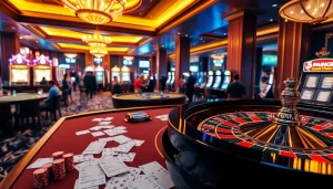 Experience the luxury of gambling at https://5gbett.com.br with a vibrant casino scene featuring roulette and poker tables.