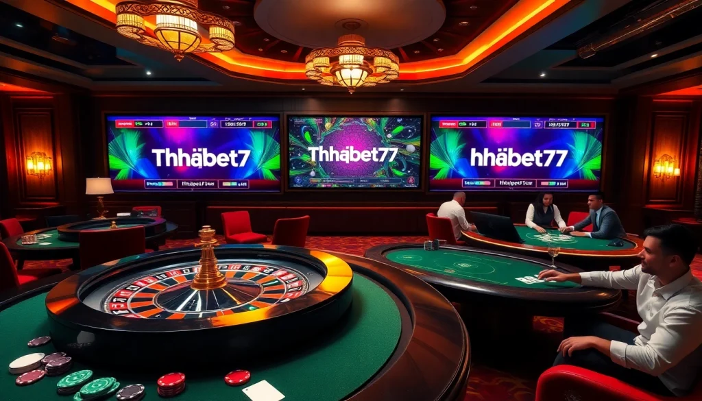 Experience the excitement of online gaming at https://thabet77.sa.com/ featuring a luxurious casino setting with poker tables and roulette.
