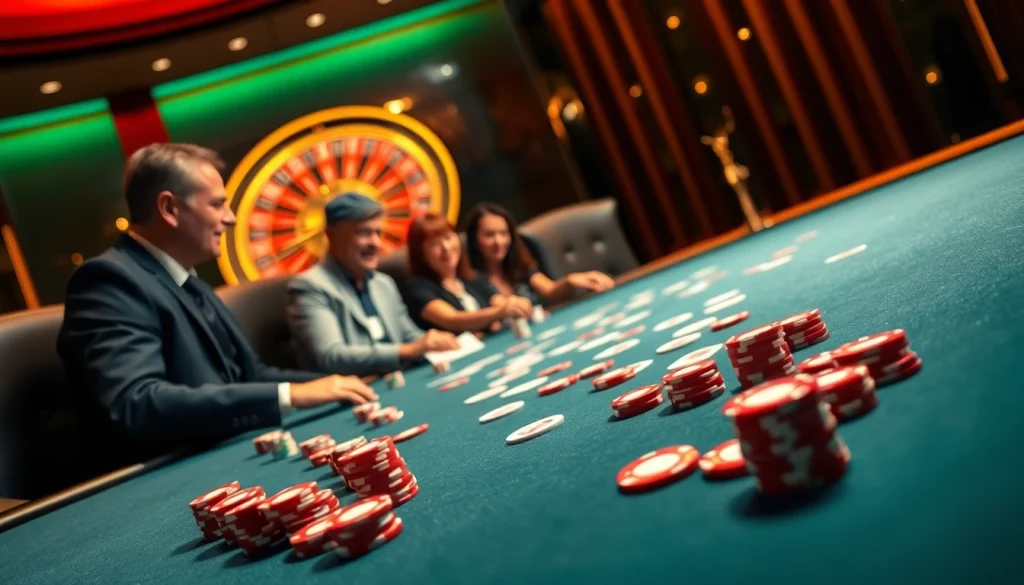 Players engaged in a vibrant casino scene at Sunwin, featuring a modern gambling table and roulette wheel.