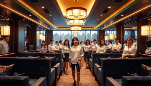 Suwon셔츠룸 interior showcasing elegant atmosphere with smiling hosts welcoming guests.