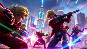 Engaging scene illustrating latest gaming news through dynamic battle among popular video game characters.