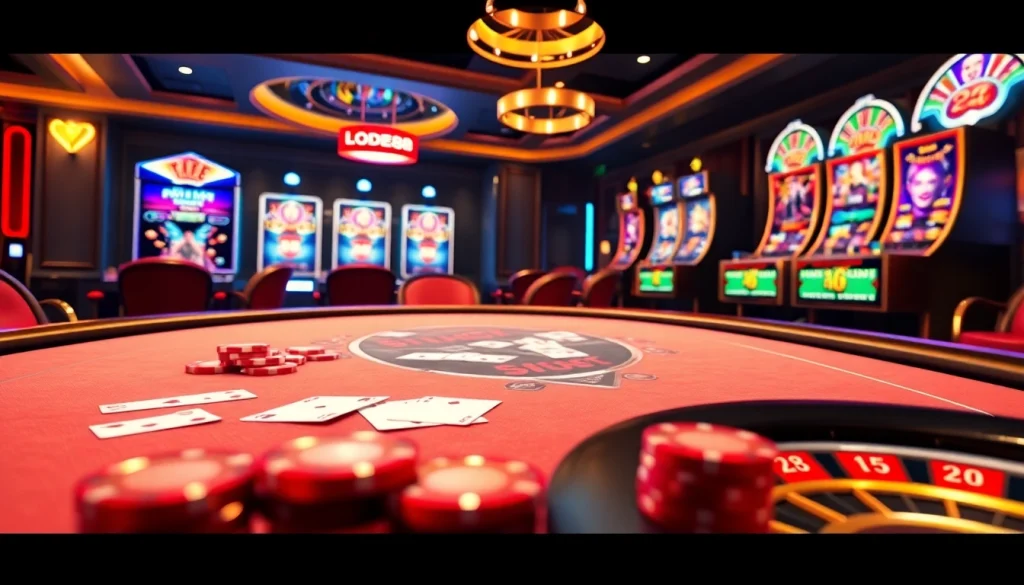 Experience the excitement at LODE88 with vibrant gambling elements like poker tables and roulette wheels.