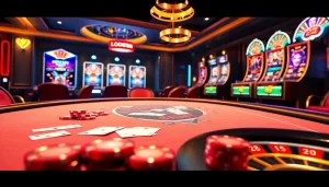 Experience the excitement at LODE88 with vibrant gambling elements like poker tables and roulette wheels.