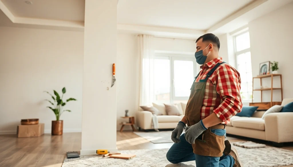 Drywall Repair in progress by a professional handyman, showcasing tools and a well-lit home.