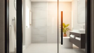 Showcasing a stunning black shower door frame in a contemporary bathroom setting.