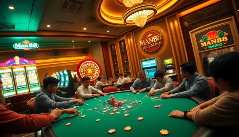 A poker game at Man88 casino with players focused on cards and a roulette wheel spinning in the background.