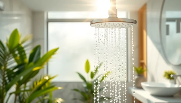 Experience the refreshing sunny shower with elegant water droplets and lush bathroom accents.
