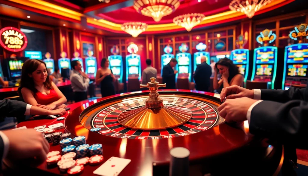 Players enjoying the thrill of roulette at 789P casino, surrounded by vibrant poker chips and warm lighting.