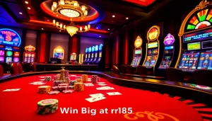 Players enjoying a vibrant casino experience at rr888.in.net, featuring colorful slot machines and poker tables.