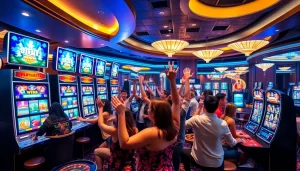 Playing vibrant slot online apiraja88 machines in a luxurious casino setting.