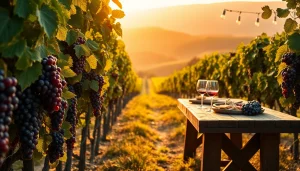 Tasting wine at clarksburg wineries with beautiful grapevines and a scenic sunset.