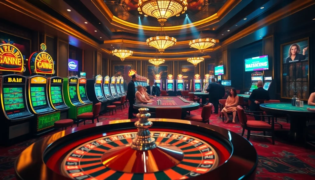 Exciting gambling action at https://www.6rwin5.com/ featuring vibrant slot machines and high-stakes poker tables.